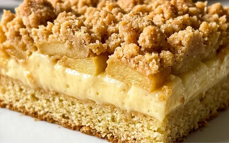 Apfelkuchen vom Blech - mit Pudding und knusprigen Streusel